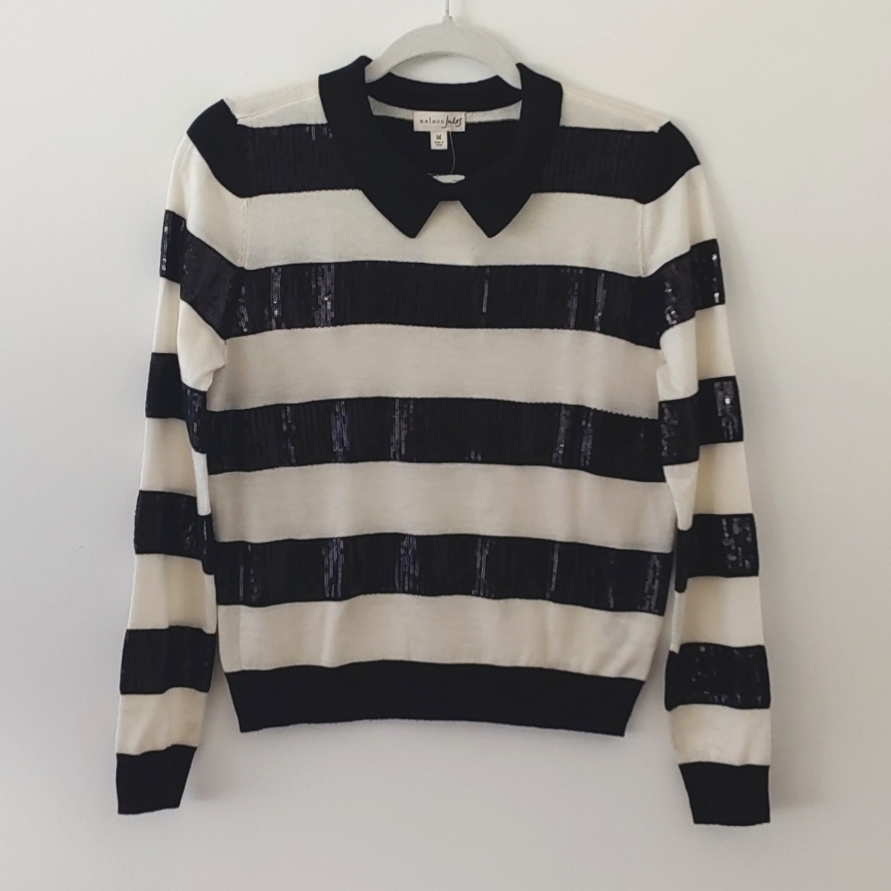 Maison Jules pullover sequined striped sweater with point collar size M